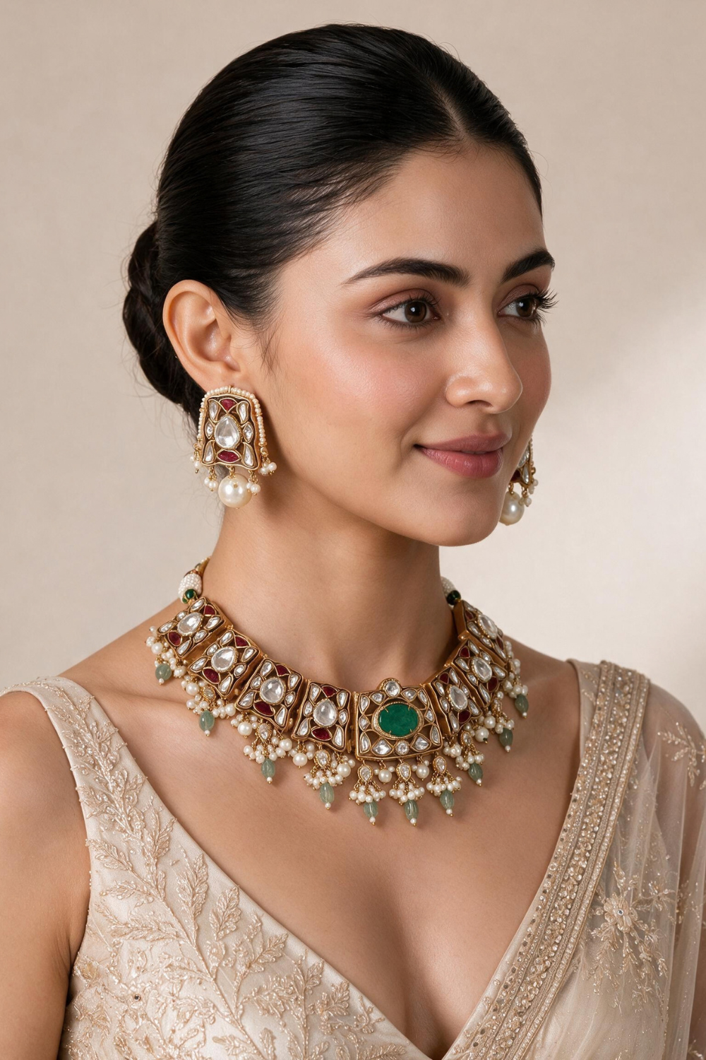 Sage Green Semi-Precious Stone Kundan Choker Set with Ruby Accents & Pearl Drops