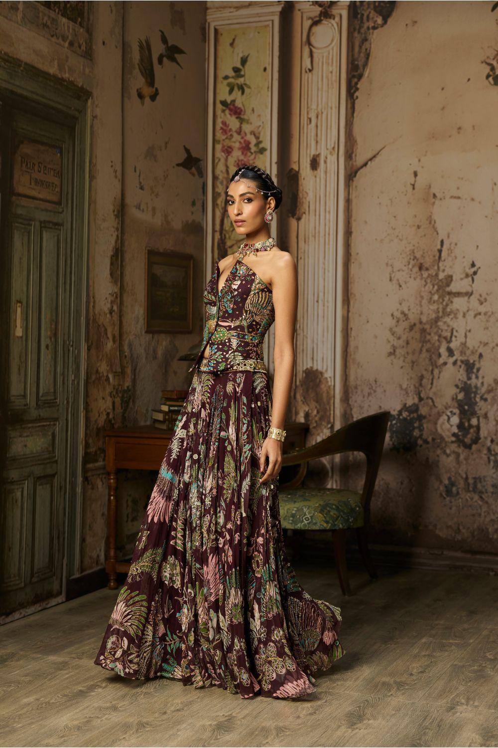 PLUM PRINTED AND HIGHLIGHTED CORSET LEHENGA SET