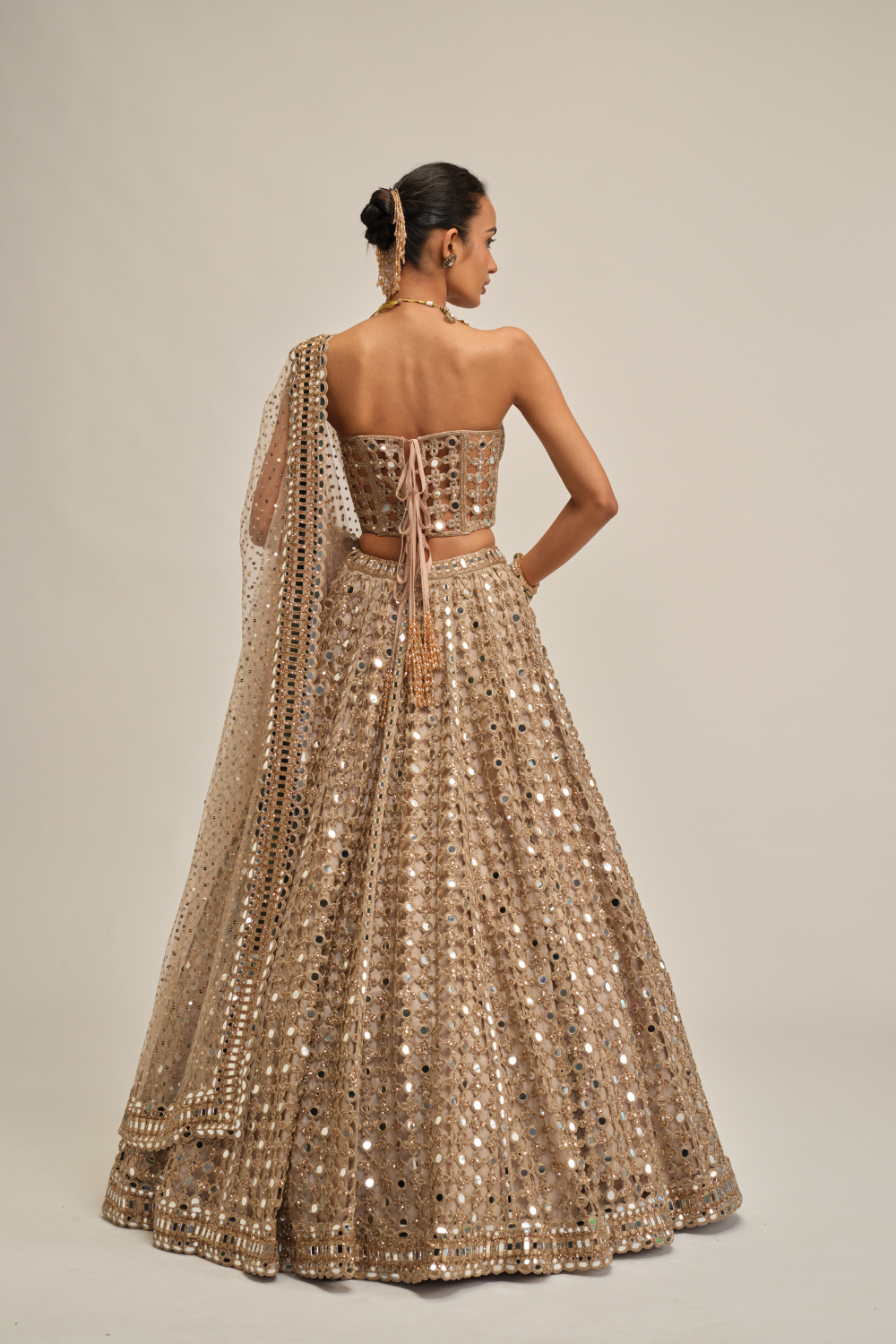 Light Beige Diamond Mirror Cutwork Lehenga with Corset Set