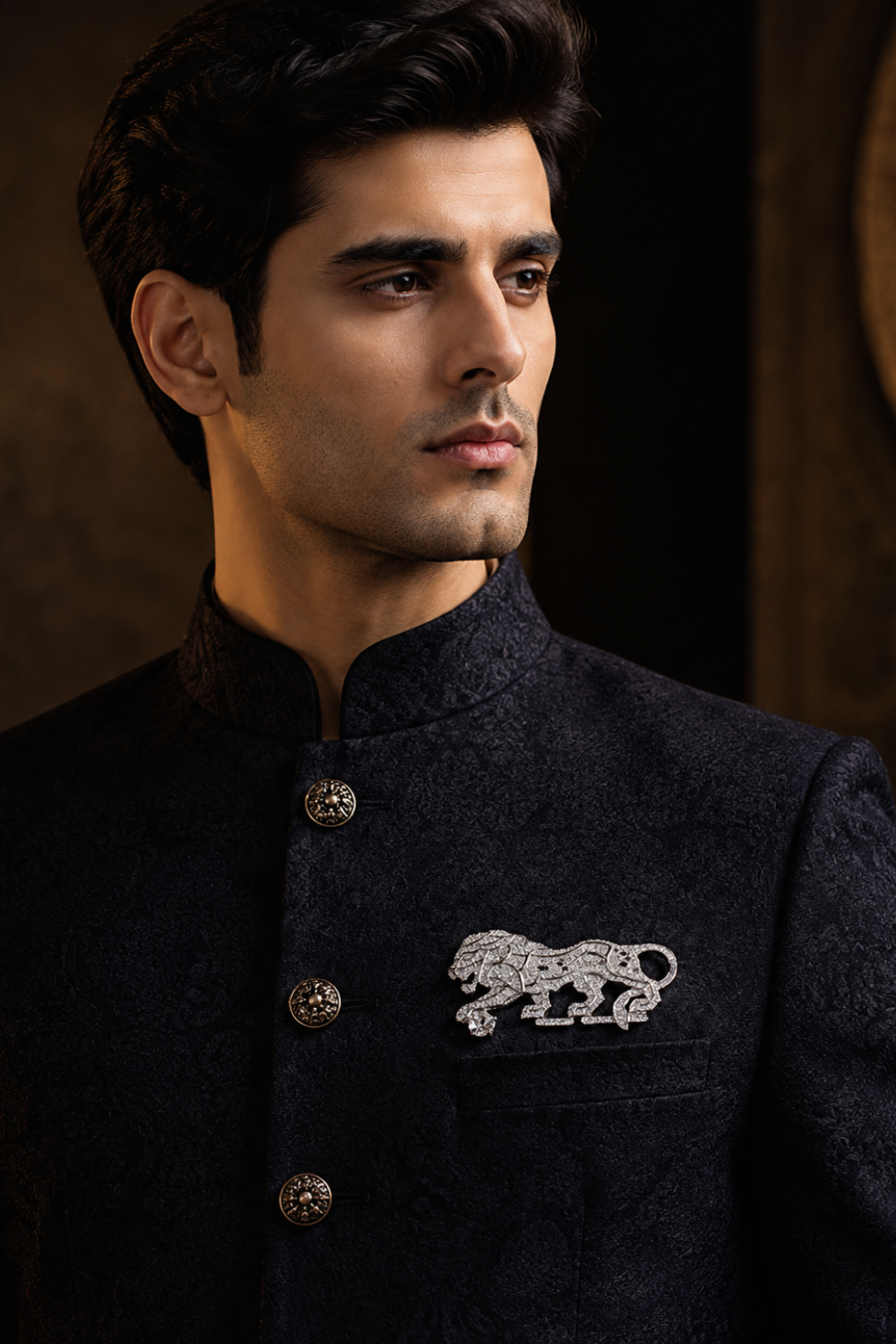 Lion Motif Zircon Brooch