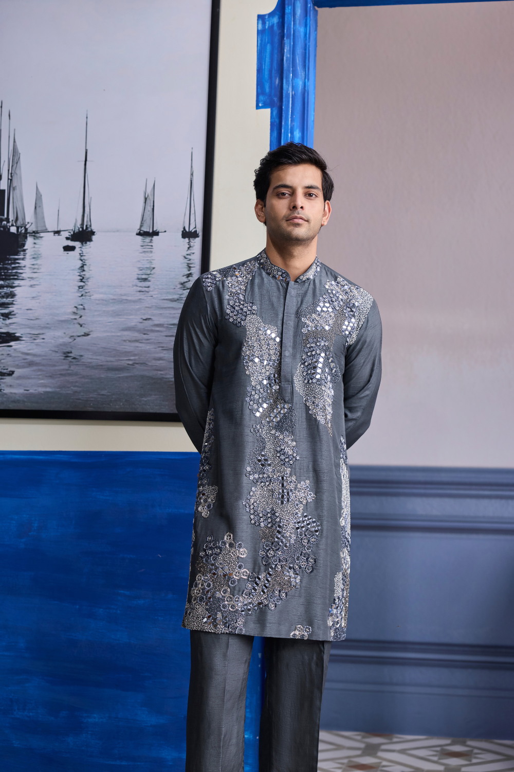 Steel Grey Embroidered Kurta with Pants