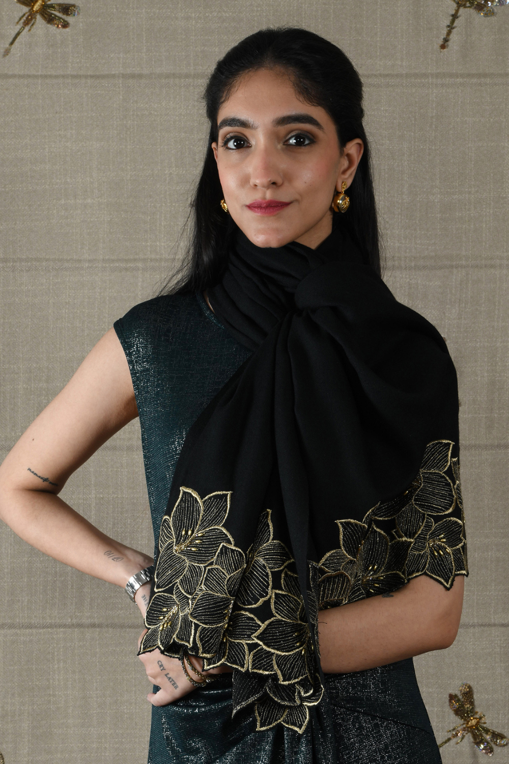 Midnight Bloom | Embroidered Wool Silk Stole – Black