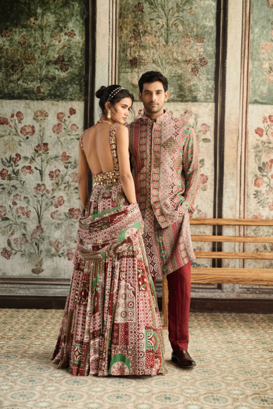 SAGE-MAROON PRINT AND HIGHLIGHTED SQUARE NECK BLOUSE WITH LEHENGA SET