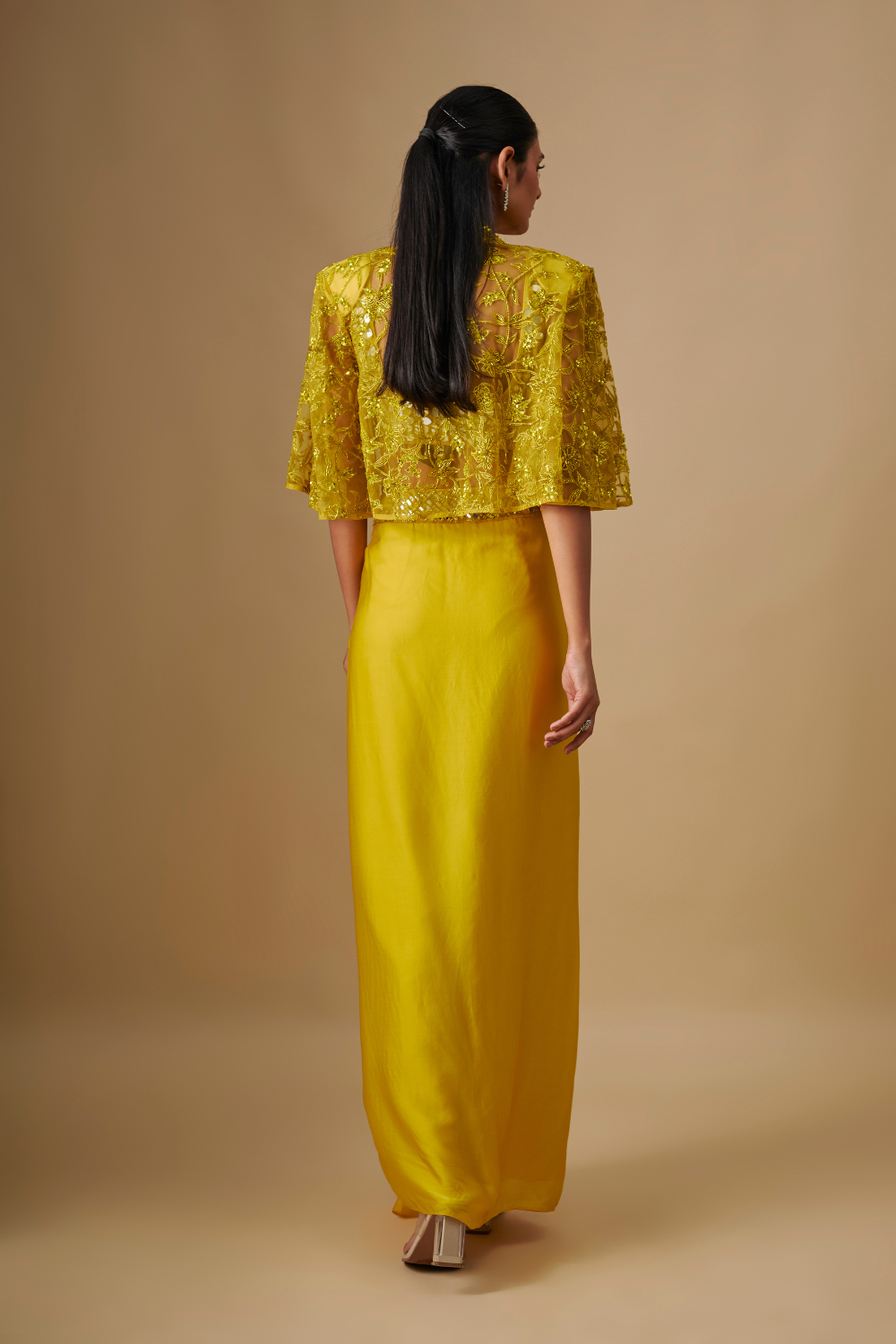 Mistral -Yellow  Drape Full mirror Blouse With Cape