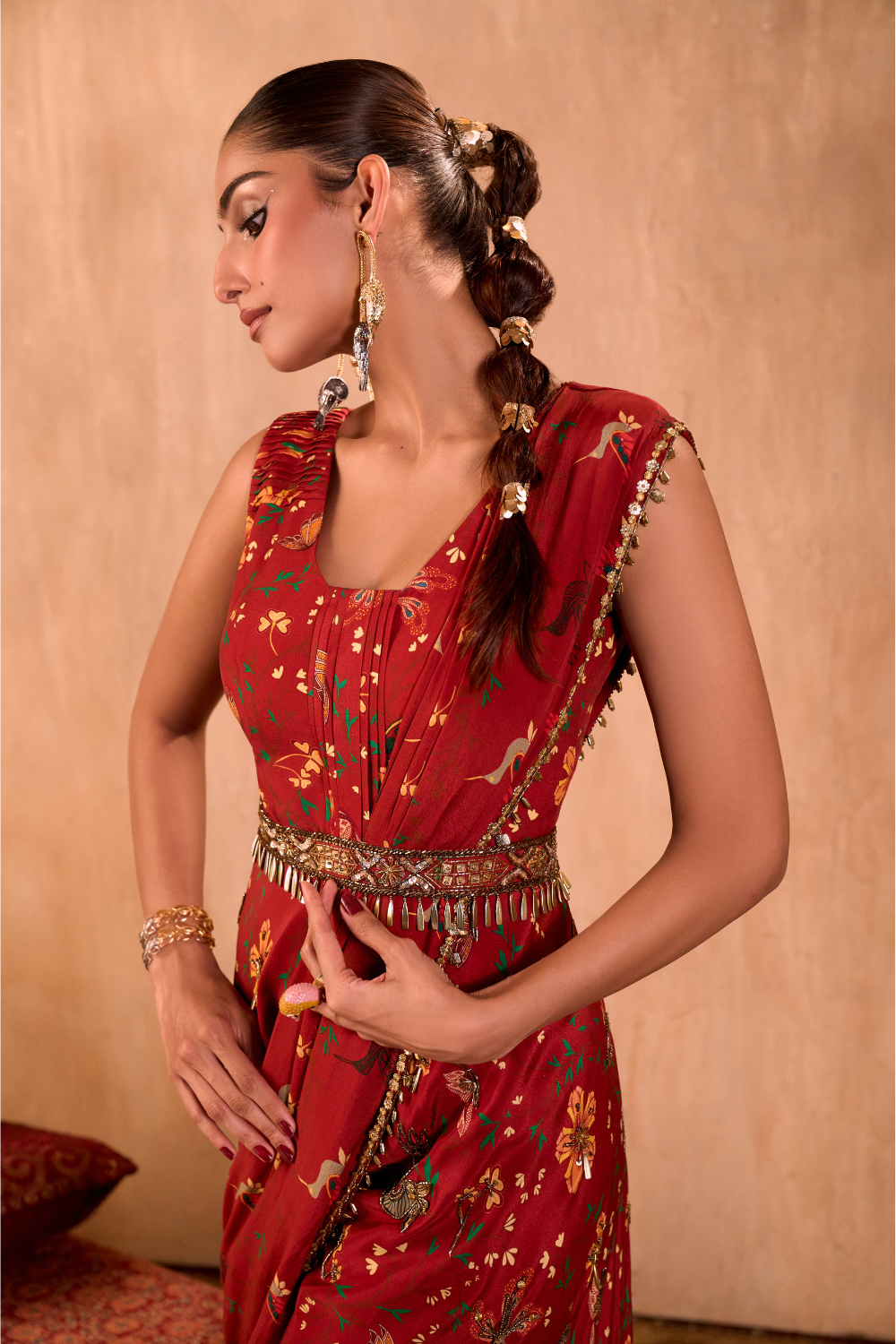 RED PRINT EMBROIDERED JUMPSUIT WITH DRAPE AND BELT SET