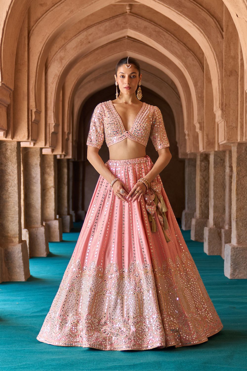 KESAR — Carrot Pink Raw Silk Lehenga Set