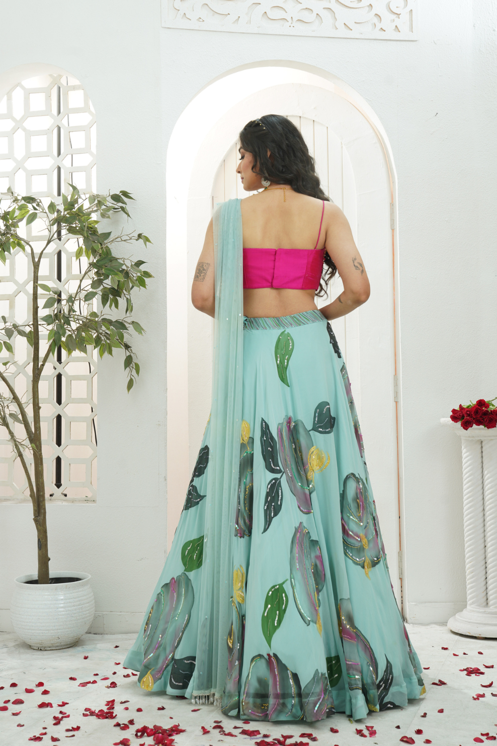 Dusty Blue hand painted lehenga with Pink embroidered bustier set