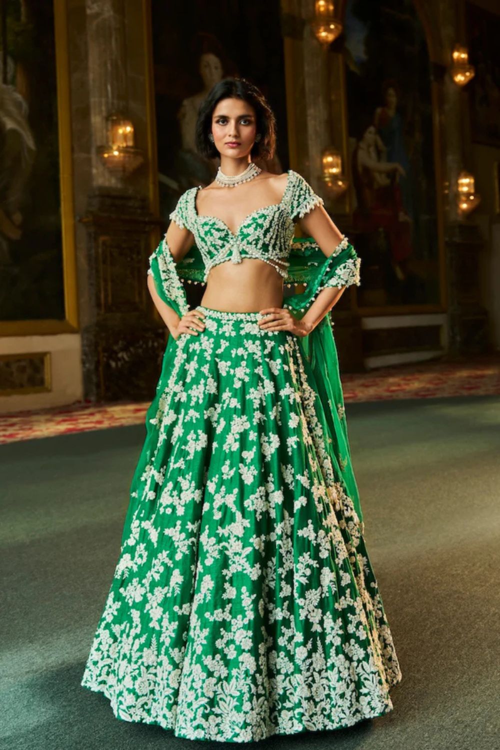 Green Thread Work Lehenga Set