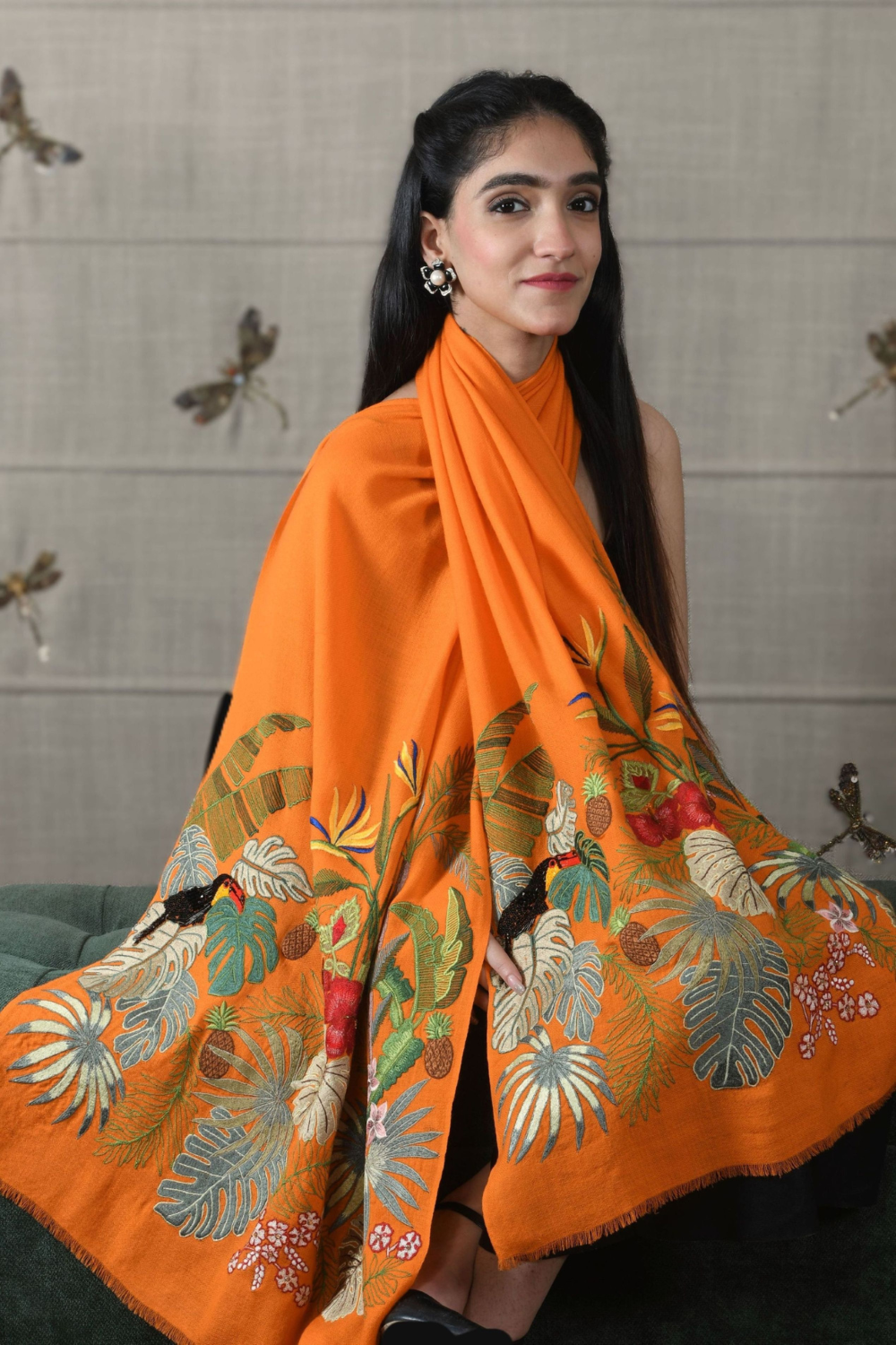 A Toucan's Day | Embroidered Fine Merino Wool Stole – Orange Peel