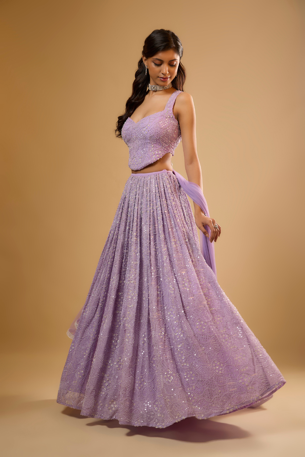 Lavender georgette lehenga set embroidered with sequins, glass beads & threadwork