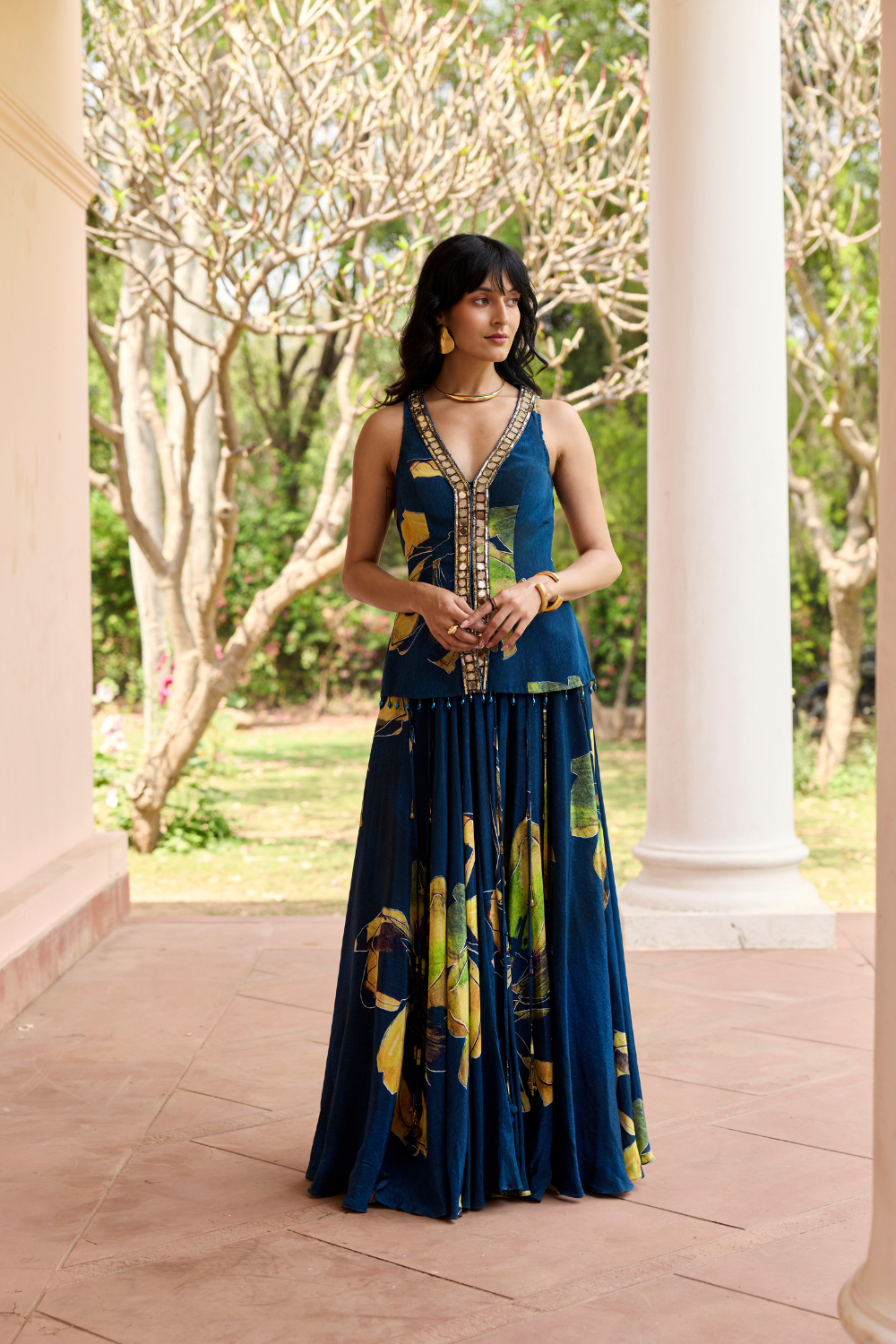 NAVYGOLD FLORAL PRINTED LEHENGA SET