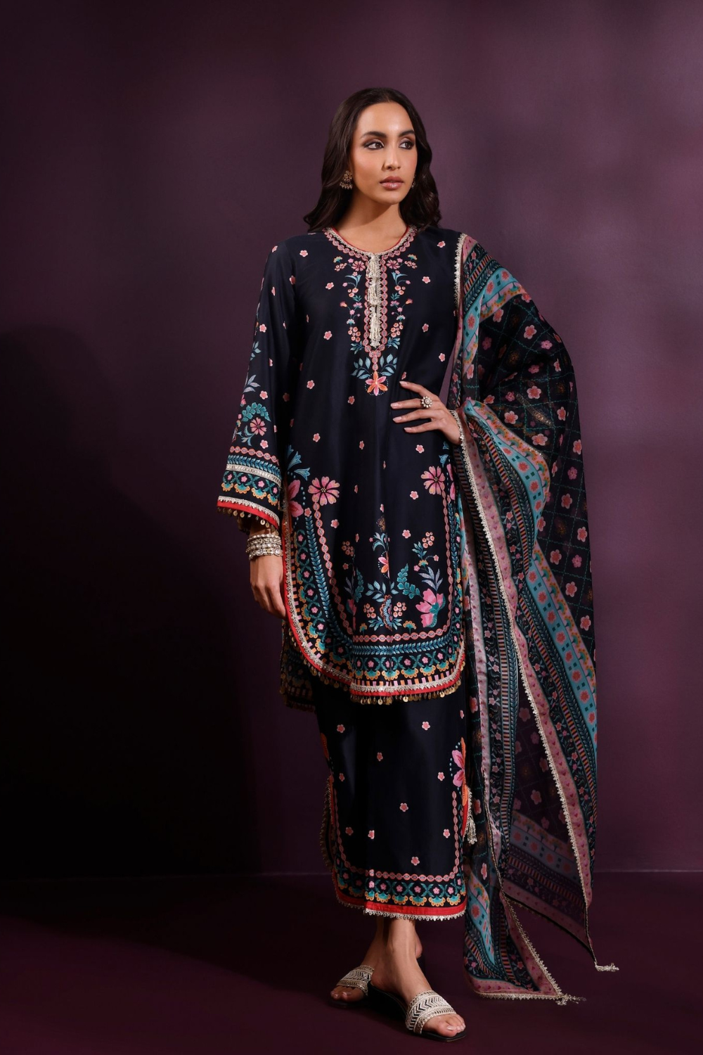 Omira Pima Satin Printed Black Kurta Set