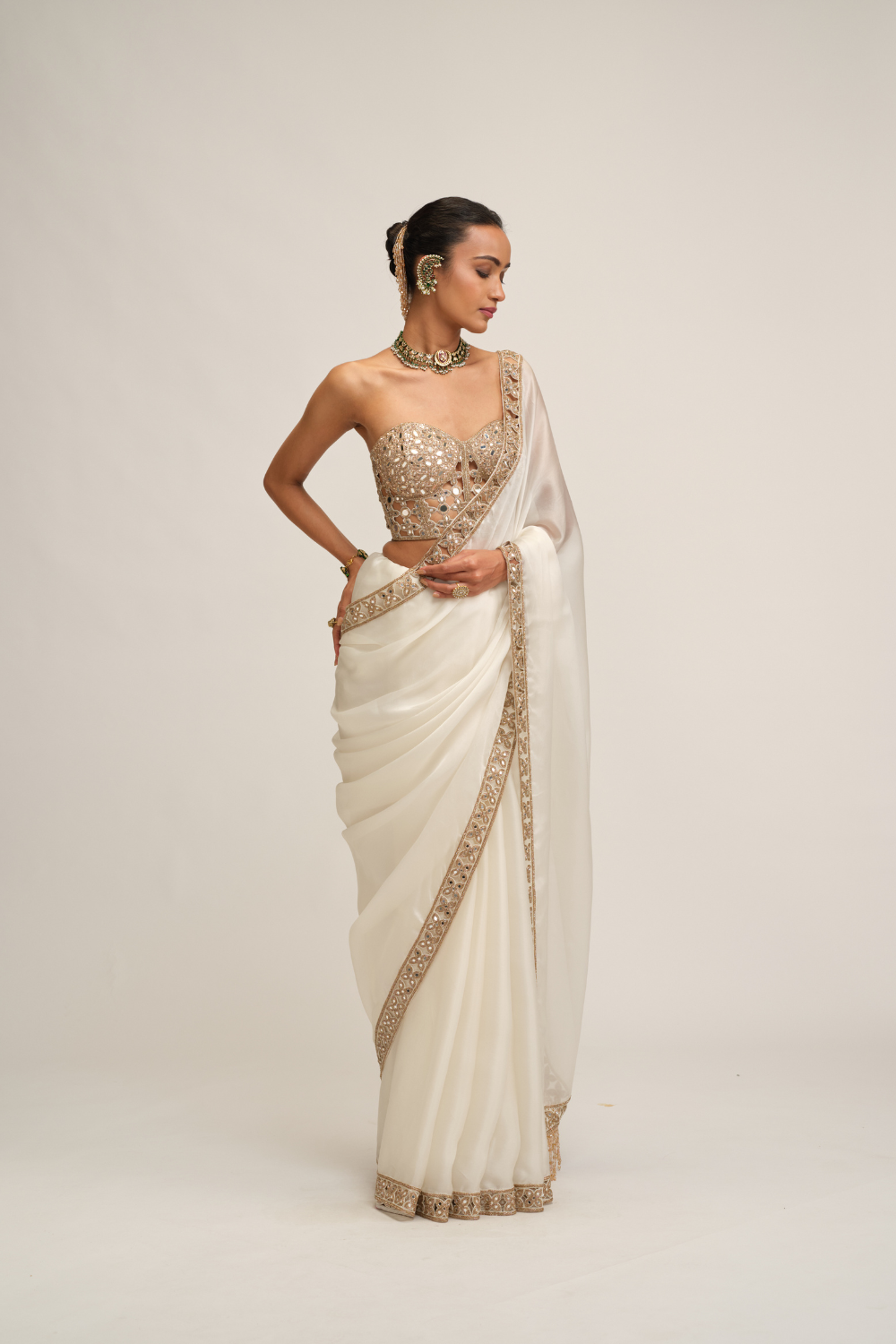 Off White Satin Organza Cutwork Border Saree Set