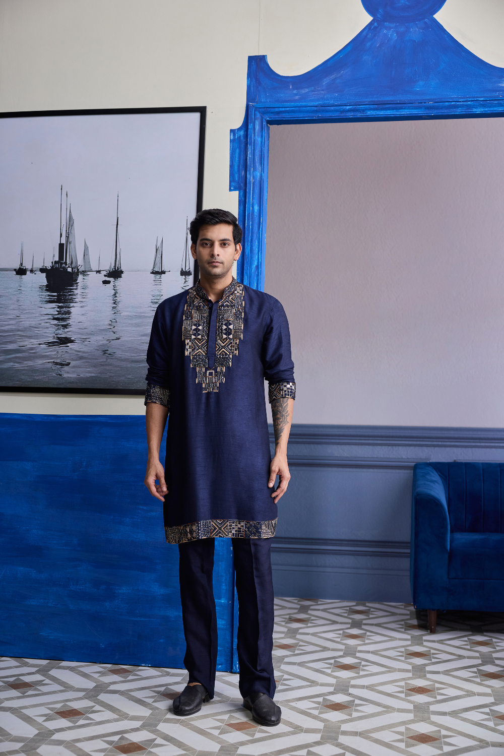 Dark Blue Geometric Embroidered Kurta with Solid Pants