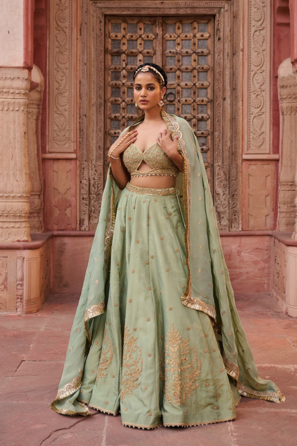 Mint green shimmer tissue Blouse, lehenga and dupatta