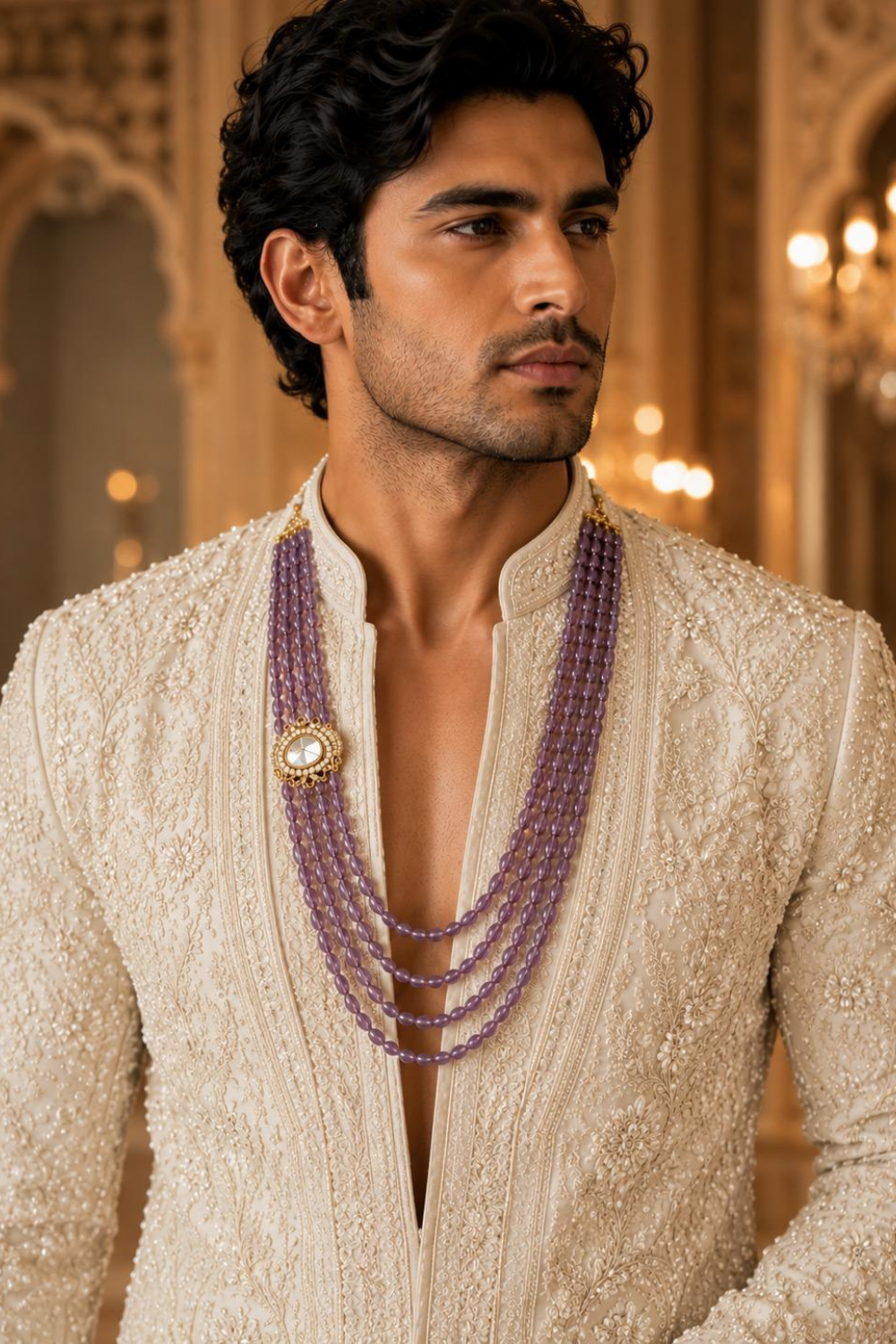 Four-Layered Purple Beaded Kundan Groom Mala