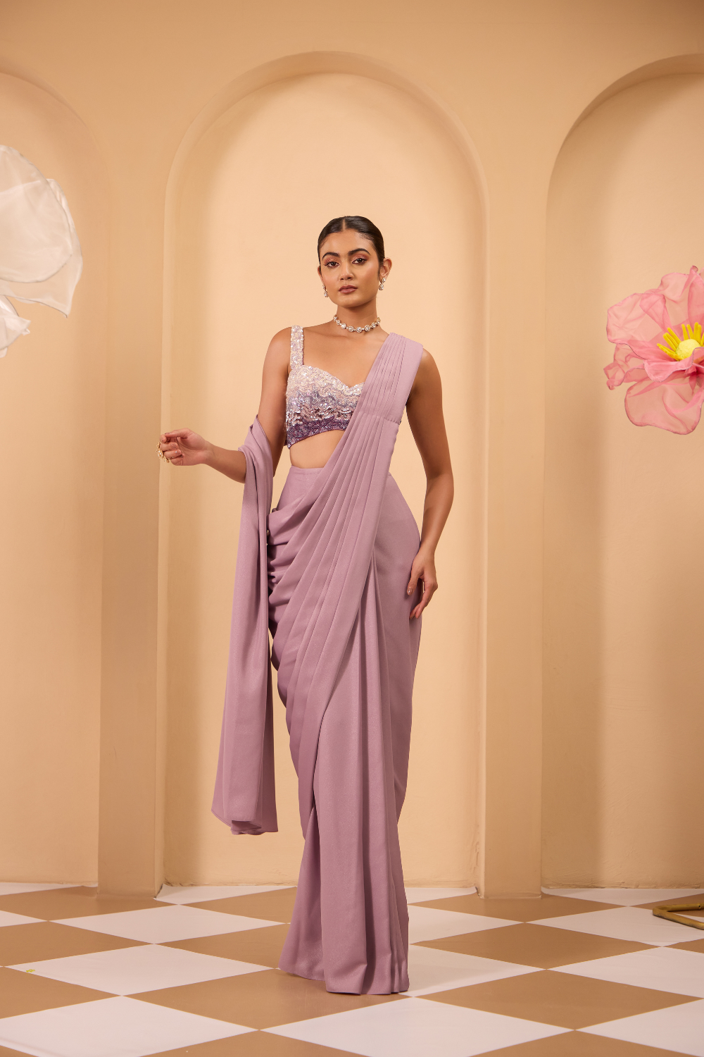 Shaded Hand Embroidered Blouse with Drape Saree