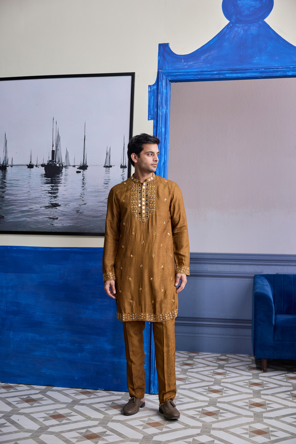 Mustard Embroidered Yoke Kurta with Pants