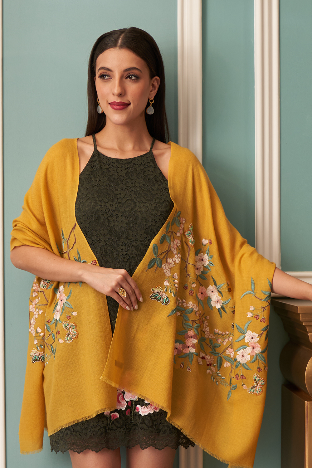 A Garden Diary | Embroidered Fine Merino Wool Stole – Spicy Mustard
