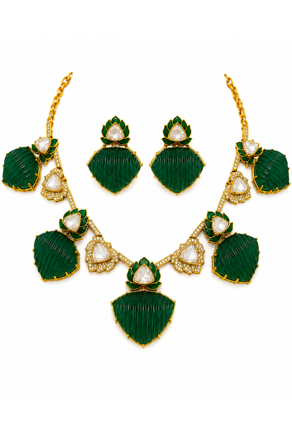 Emerald Green Kundan Lotus Statement Necklace Set with Earrings
