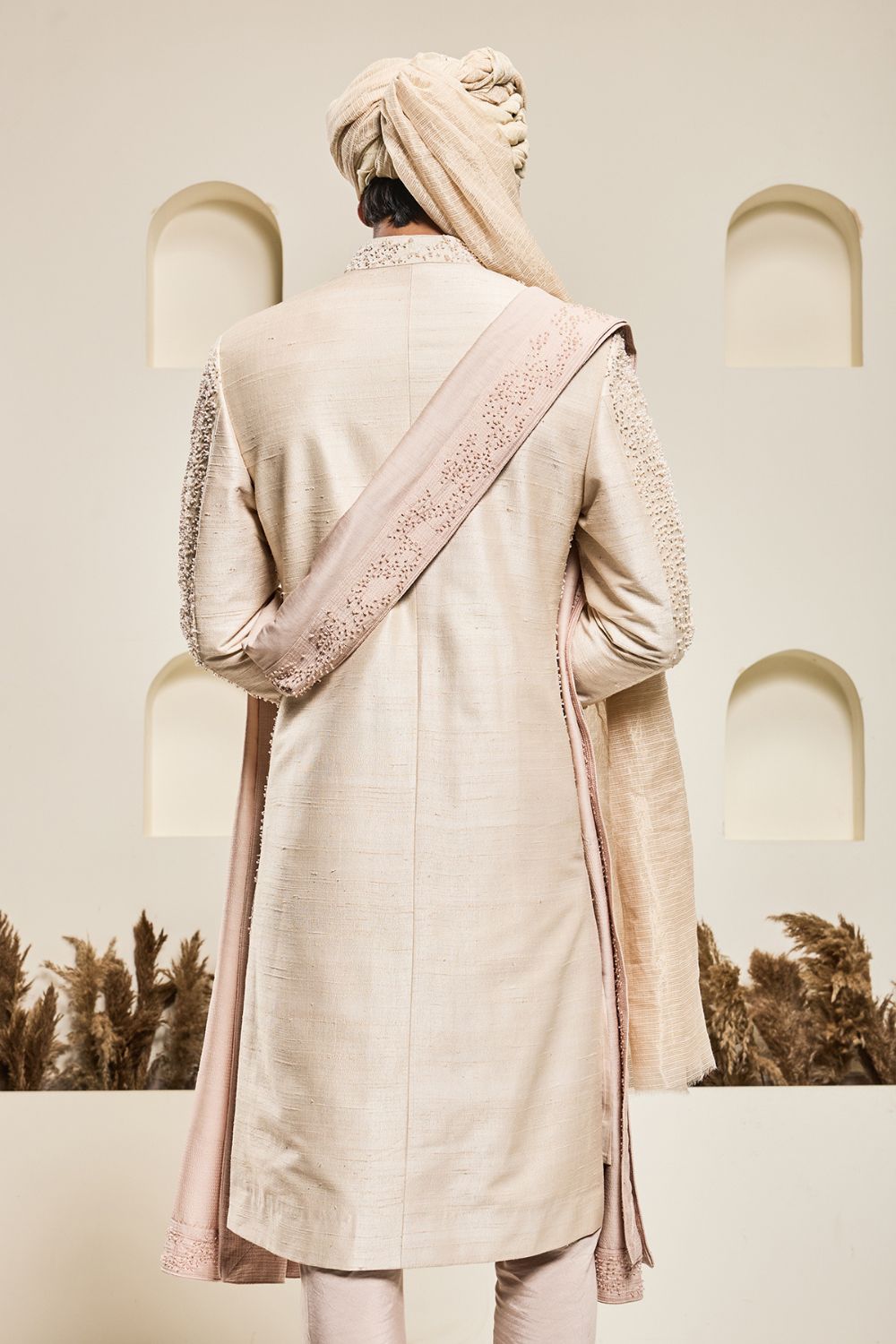 Dusty rose sherwani with pearl and cutdana
