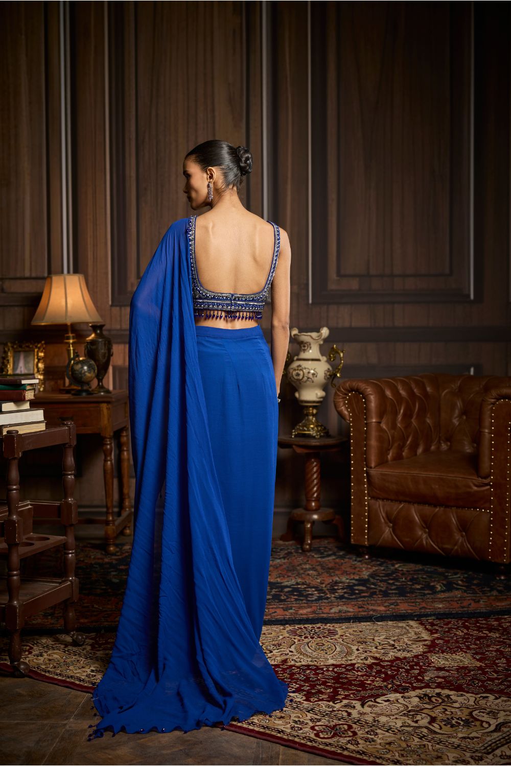ELECTRIC BLUE EMBELLISHED BLOUSE AND PRE-DRAPED SKIRT SAREE SET