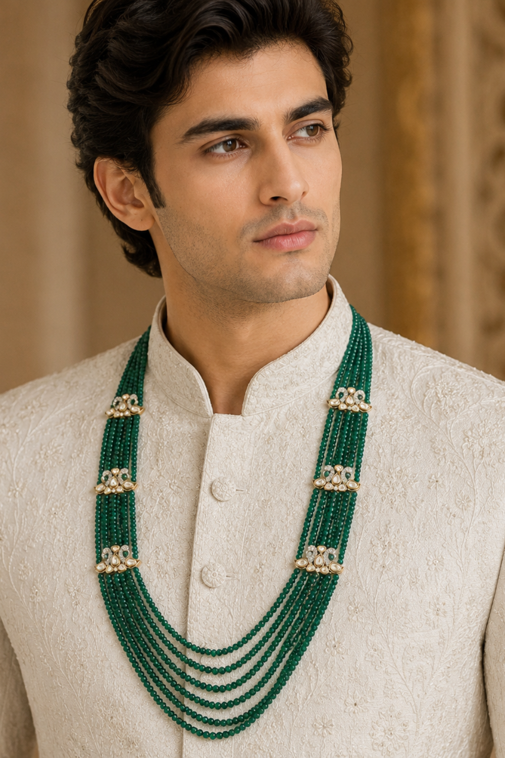Layered Green Beaded Kundan Groom Mala