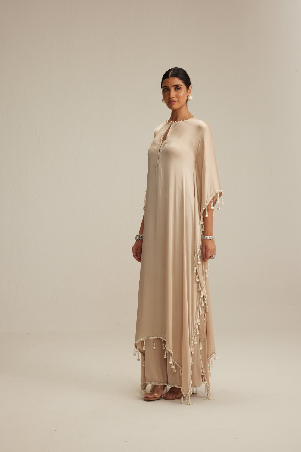 Light Beige Satin Kaftaan set