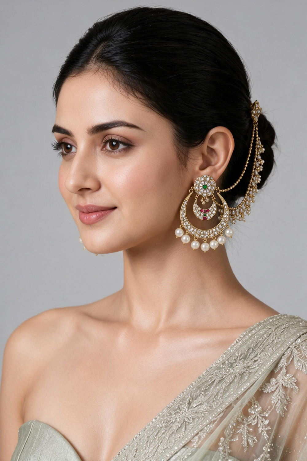 Kundan Pearl Chandbali Earrings with Ear Chains