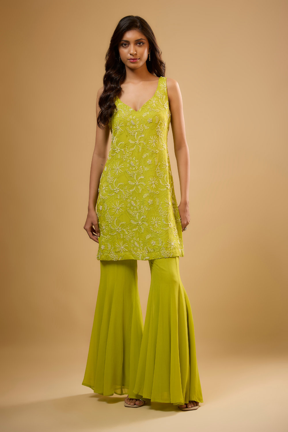 Citrus green georgette kurta sharara set embroidered with sequins, glass beads & threadwork