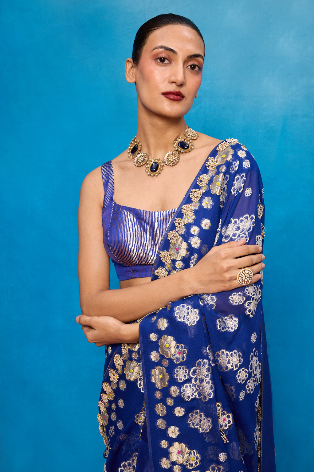 Handwoven Royal Blue Chiffon Banarasi Saree