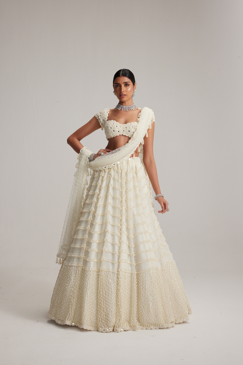Off White Mirror and Pearl Drop Bridal lehenga set