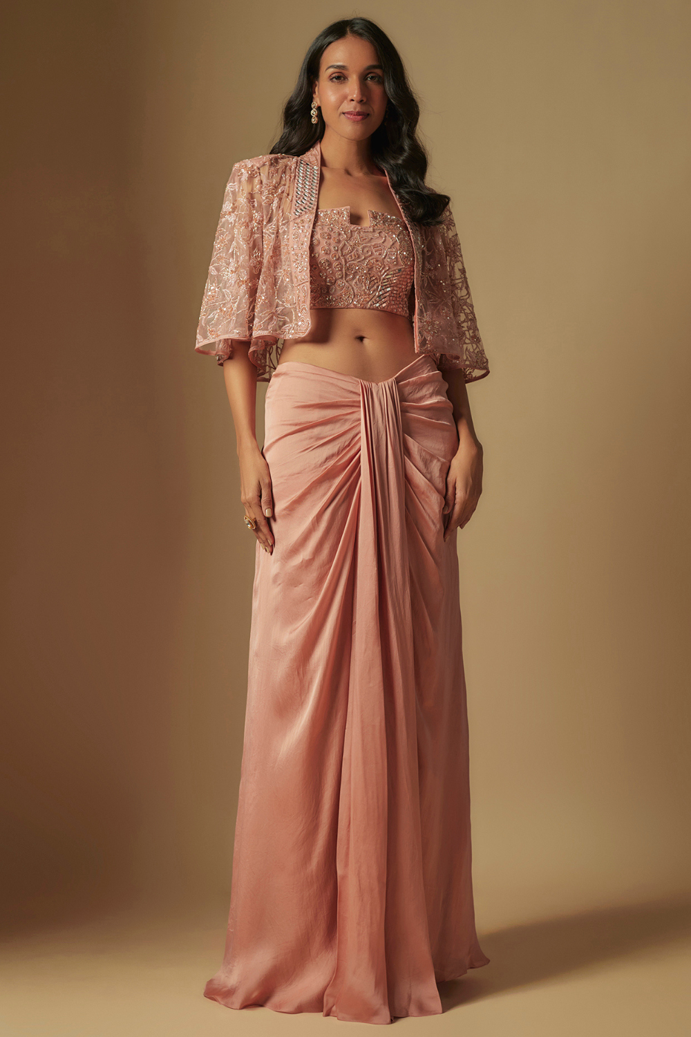 Scena Hand embroidered blouse paired with cape and drape