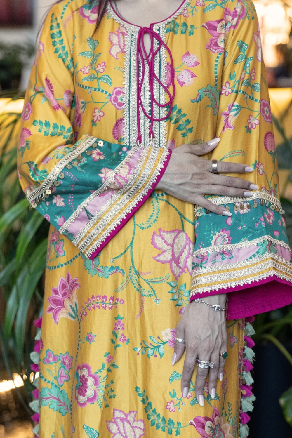 Nisi Pima Satin Printed Mustard Kurta Set