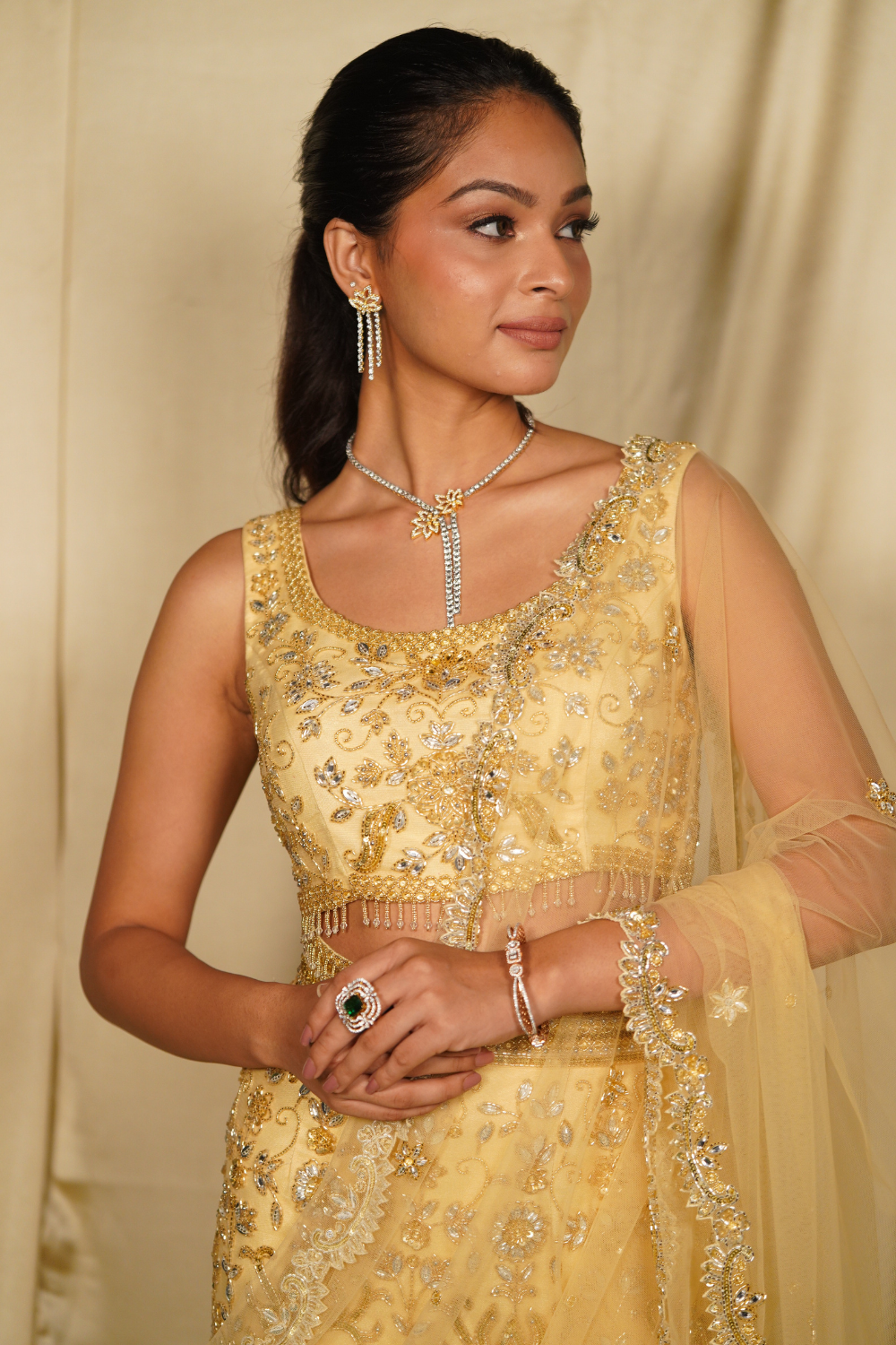 Gold embroidered fishcut saree set