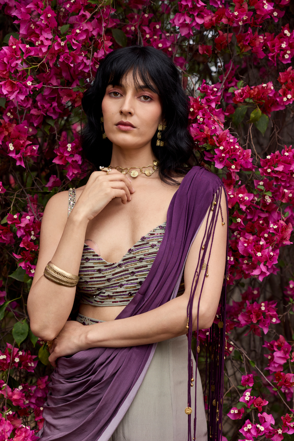 PURPLE-GREY OMBRE TASSELED DRAPE SAREE SET
