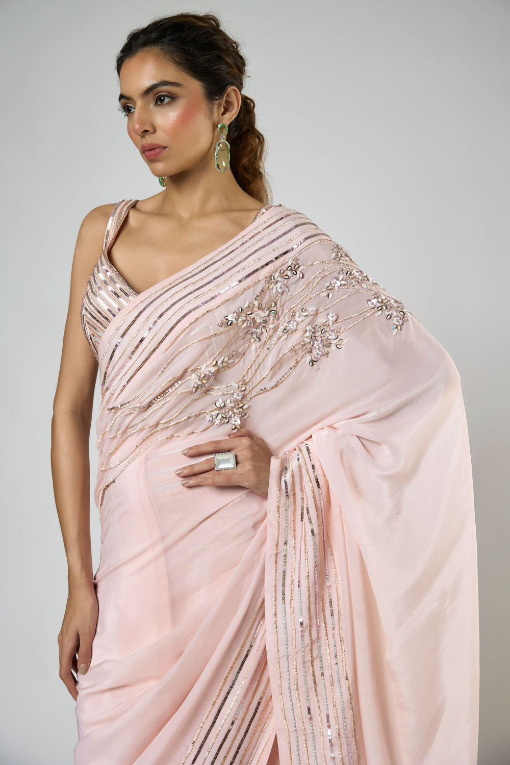 PEACHY PINK INTRICATE FLORAL EMBROIDERED SAREE WITH CORSET BLOUSE