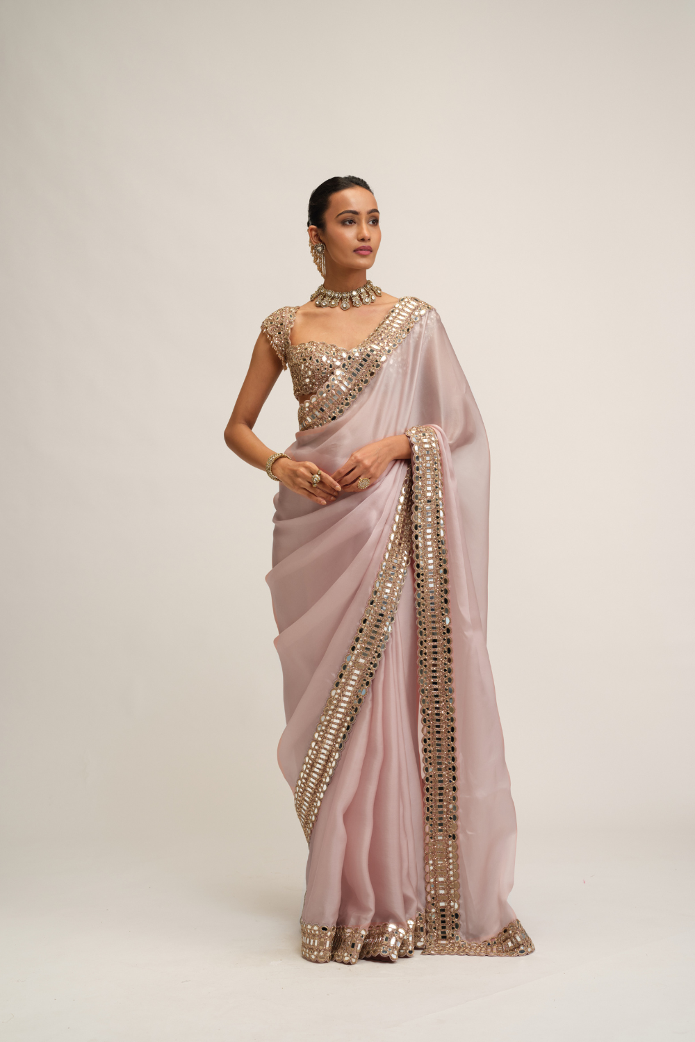 Ash Pink Satin Organza Saree Set
