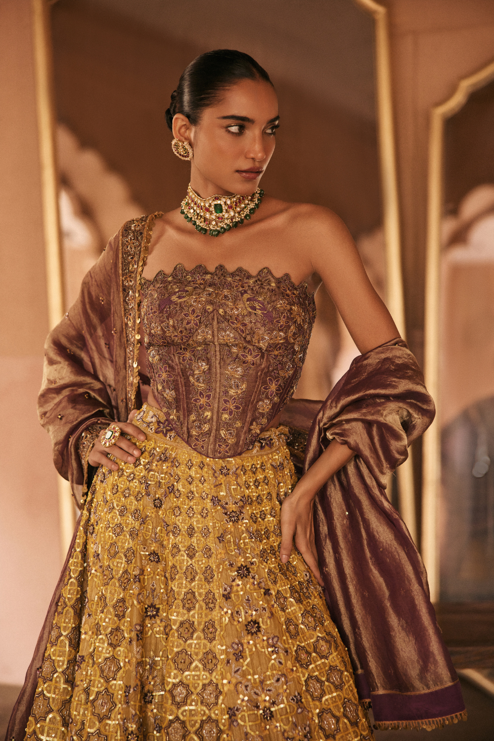 Yellow, Purple, hand embroidery, Dori, Tissue, Lehenga Set