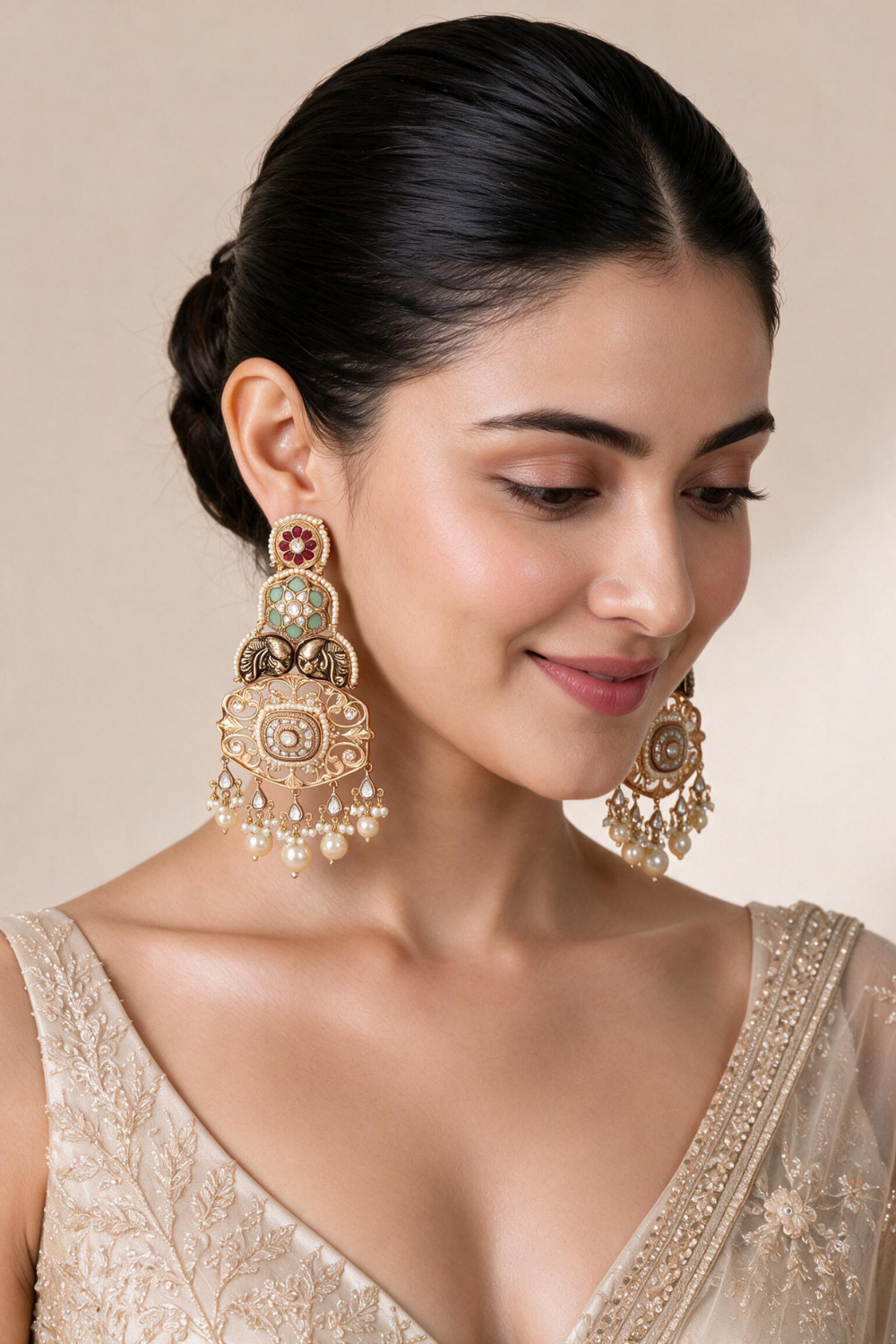 Multicolour Kundan Pearl Statement Earrings