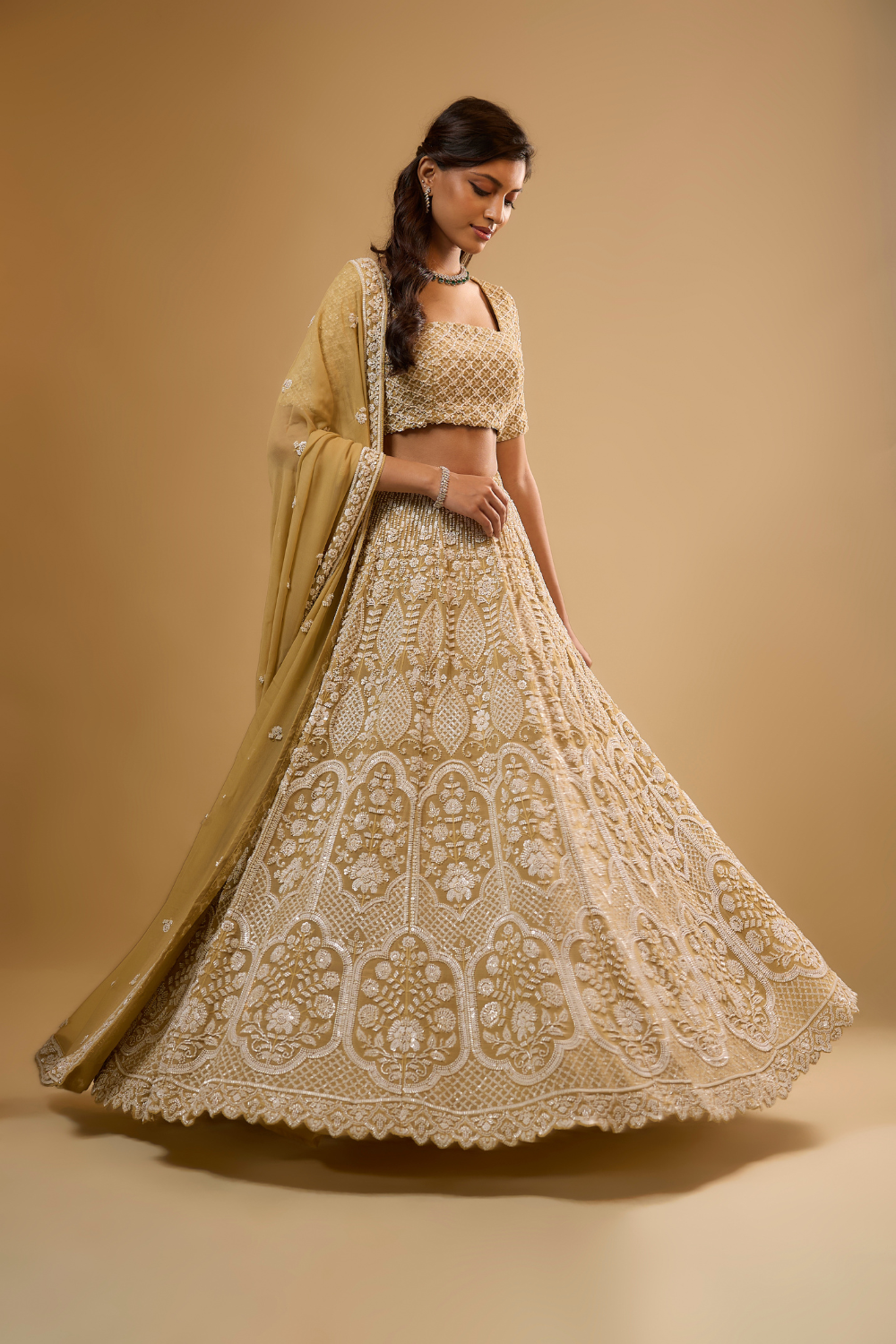 Gold georgette lehenga set with sequins & glass beads