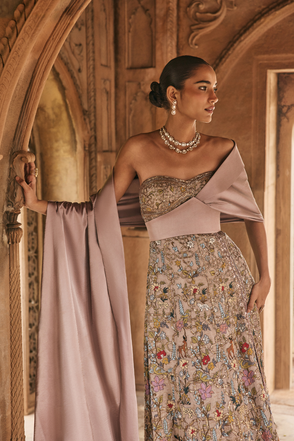Multi-coloured, mauve, hand-embroidery, tissue, gown