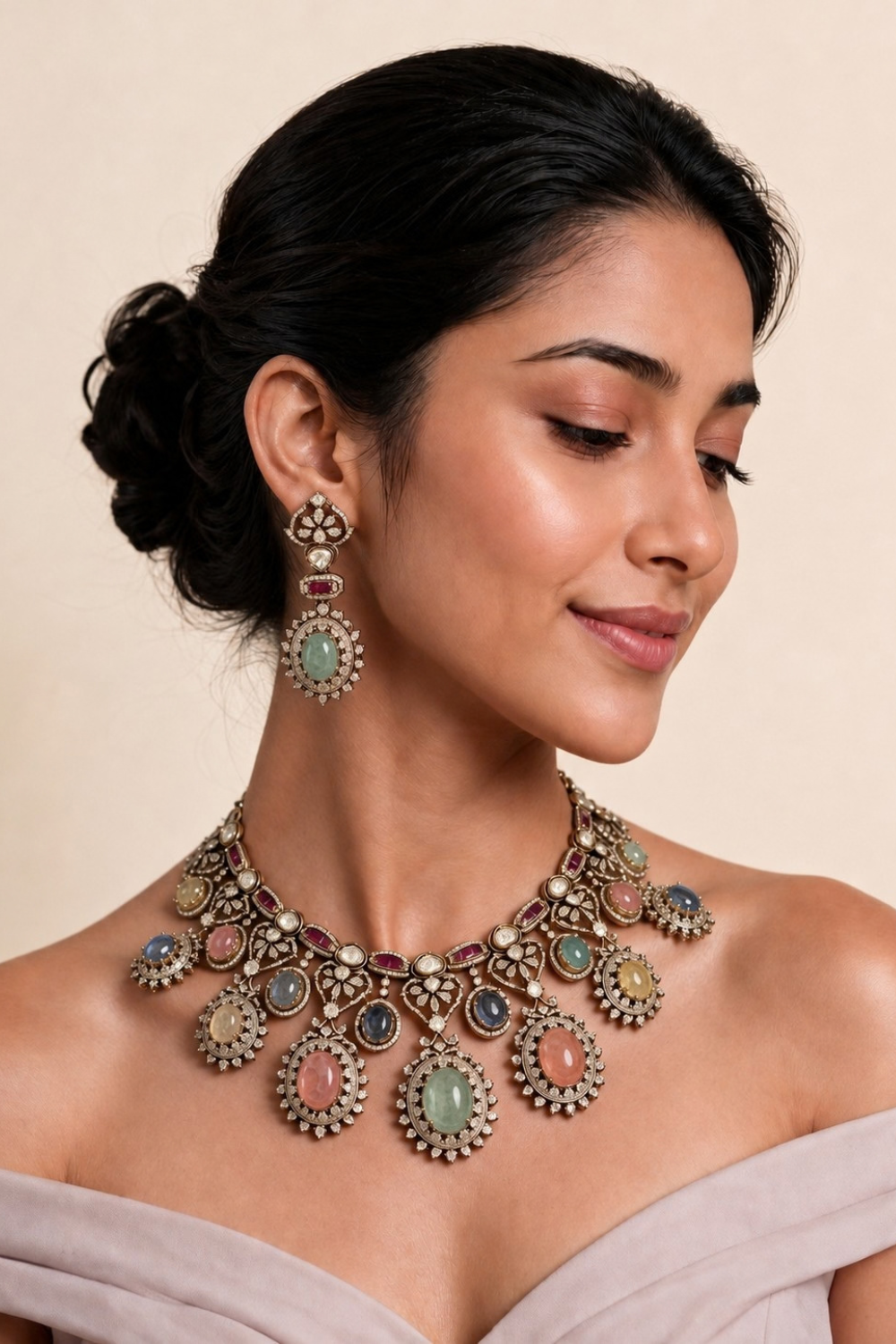 Multicolour Semi-Precious Stone Moissanite Necklace Set