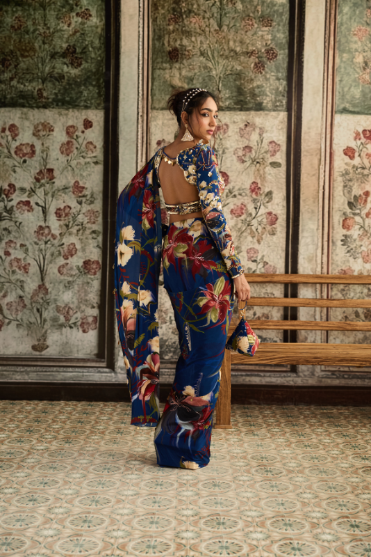 BLUE FLORAL PRINTED SKIRT SAREE SET