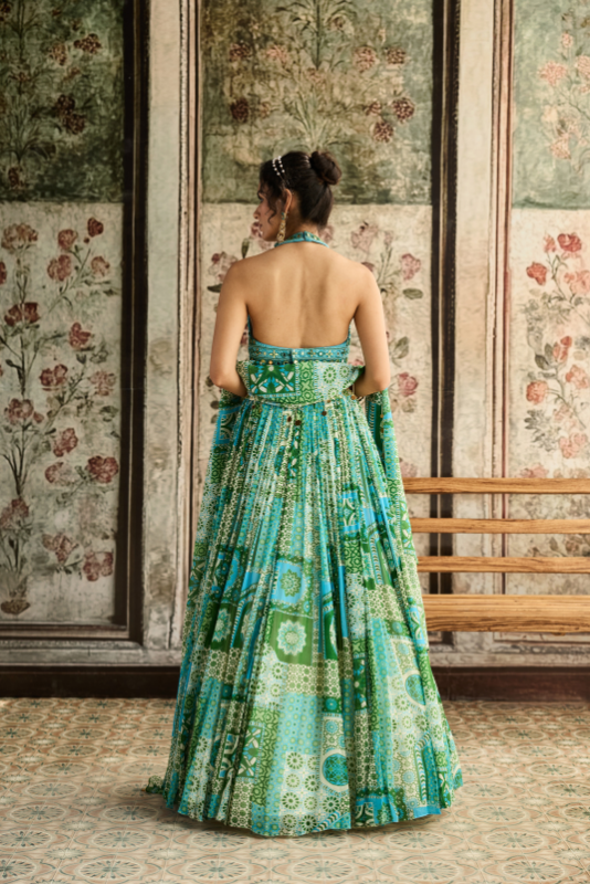 AQUA EMBROIDERED BLOUSE AND AQUA PRINT AND HIGHLIGHTED LEHENGA SET