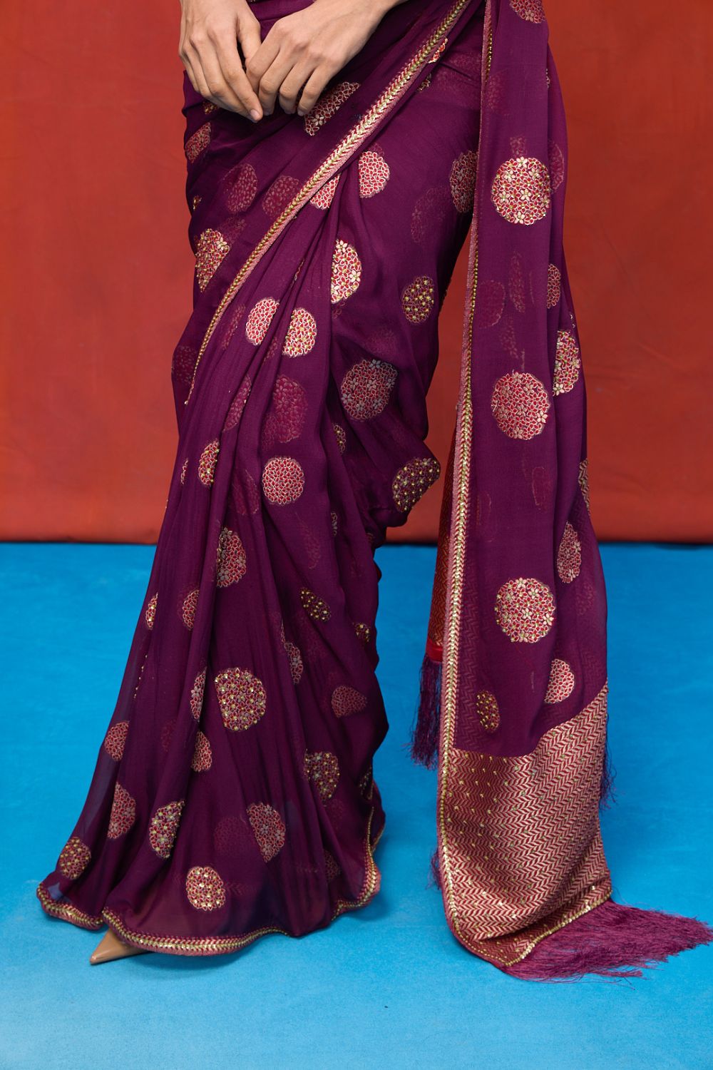 Handwoven Wine Chiffon Banarasi Saree