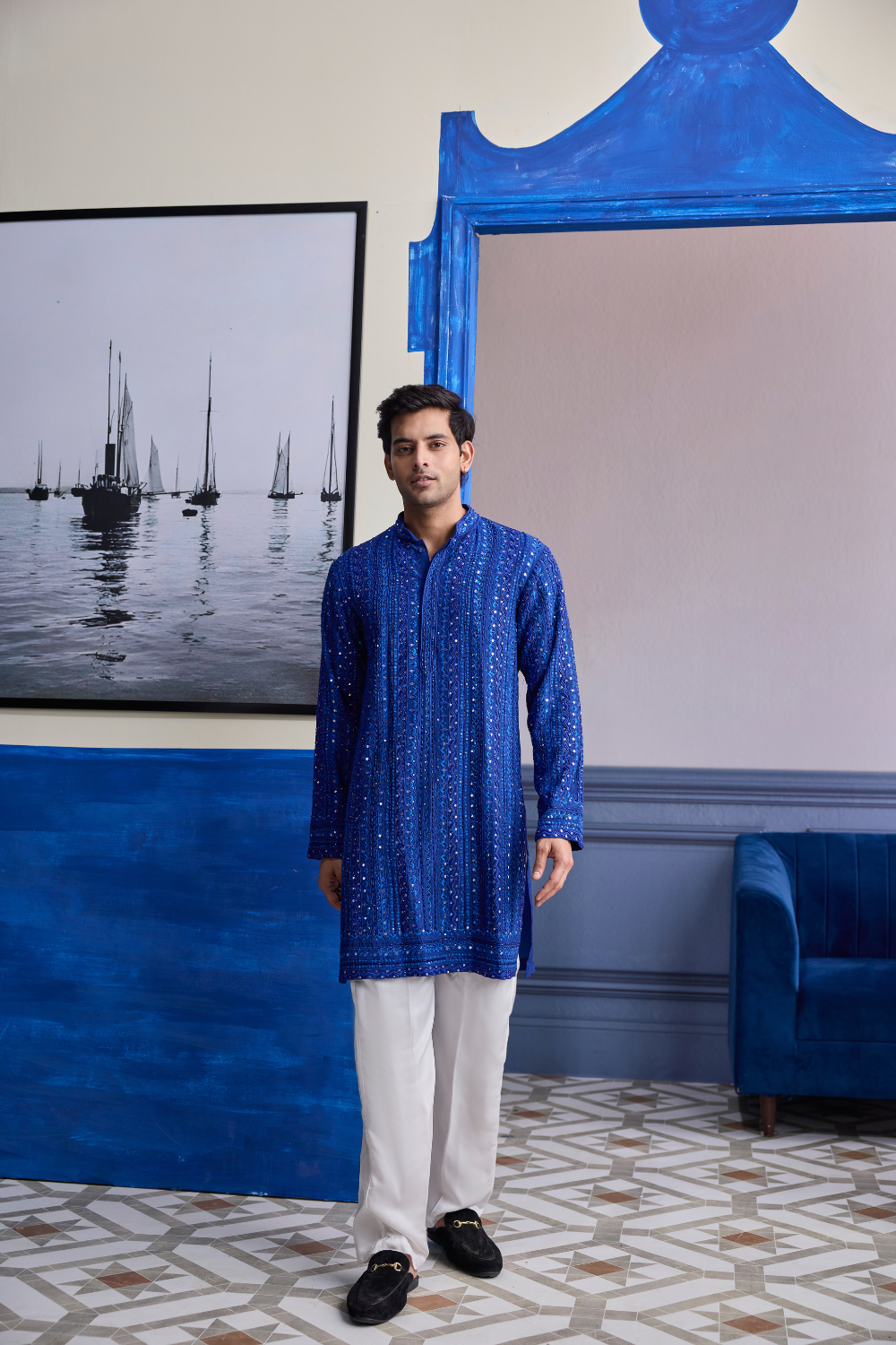 Electric Blue Mirror Embroidery & Thread Work Kurta with Pants