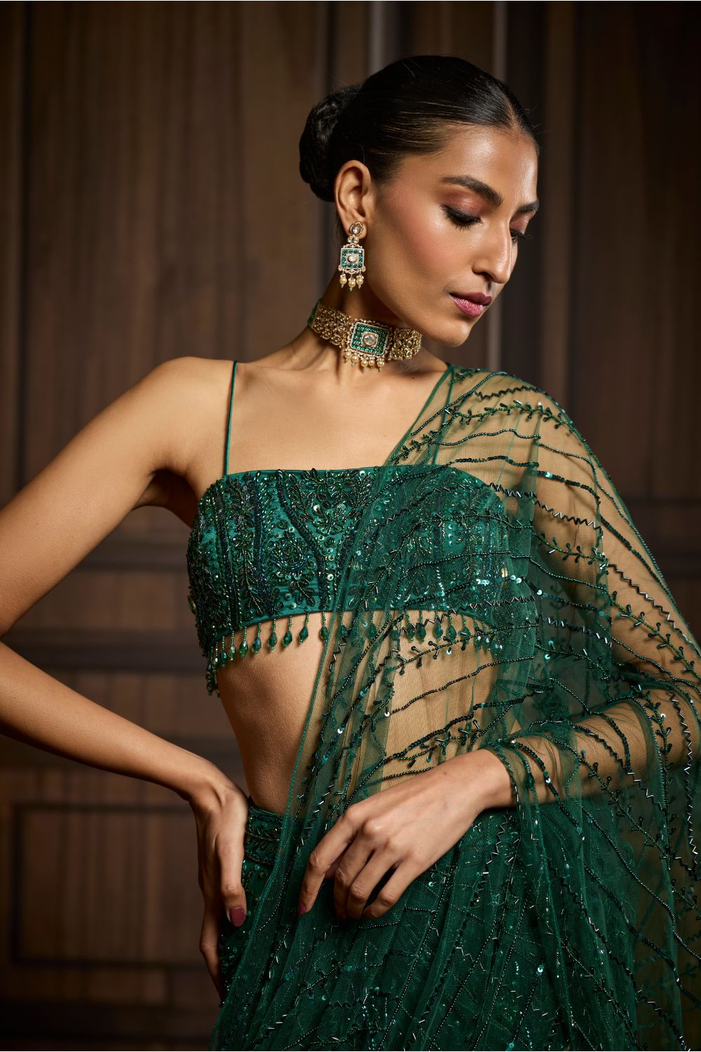 EMERALD GREEN EMBELLISHED BLOUSE AND PRE-DRAPED SAREE SET