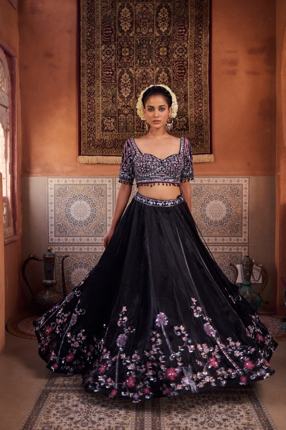 Black glass tissue embroidered blouse, lehenga and dupatta