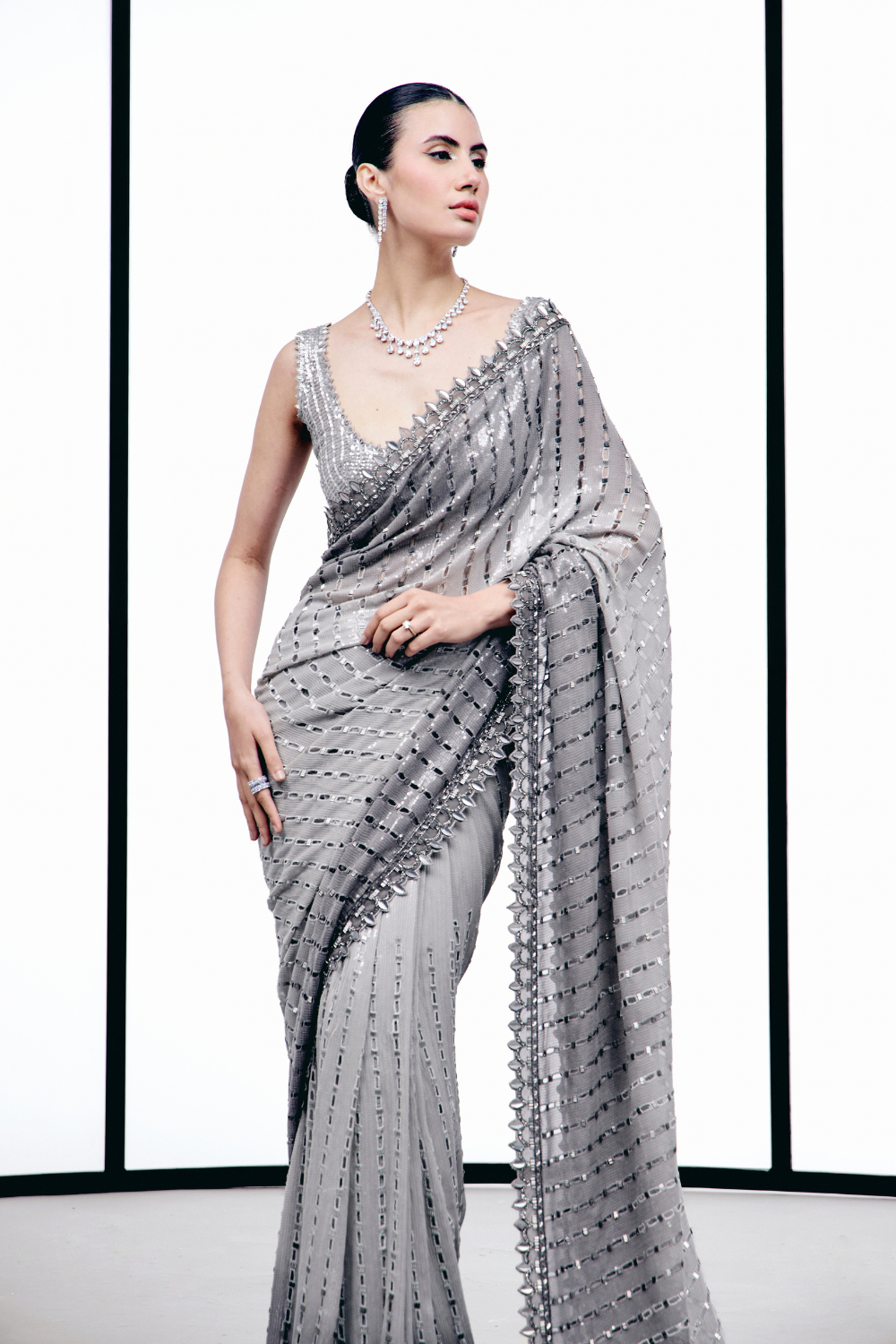 Grey Ombre Cutwork Saree Set